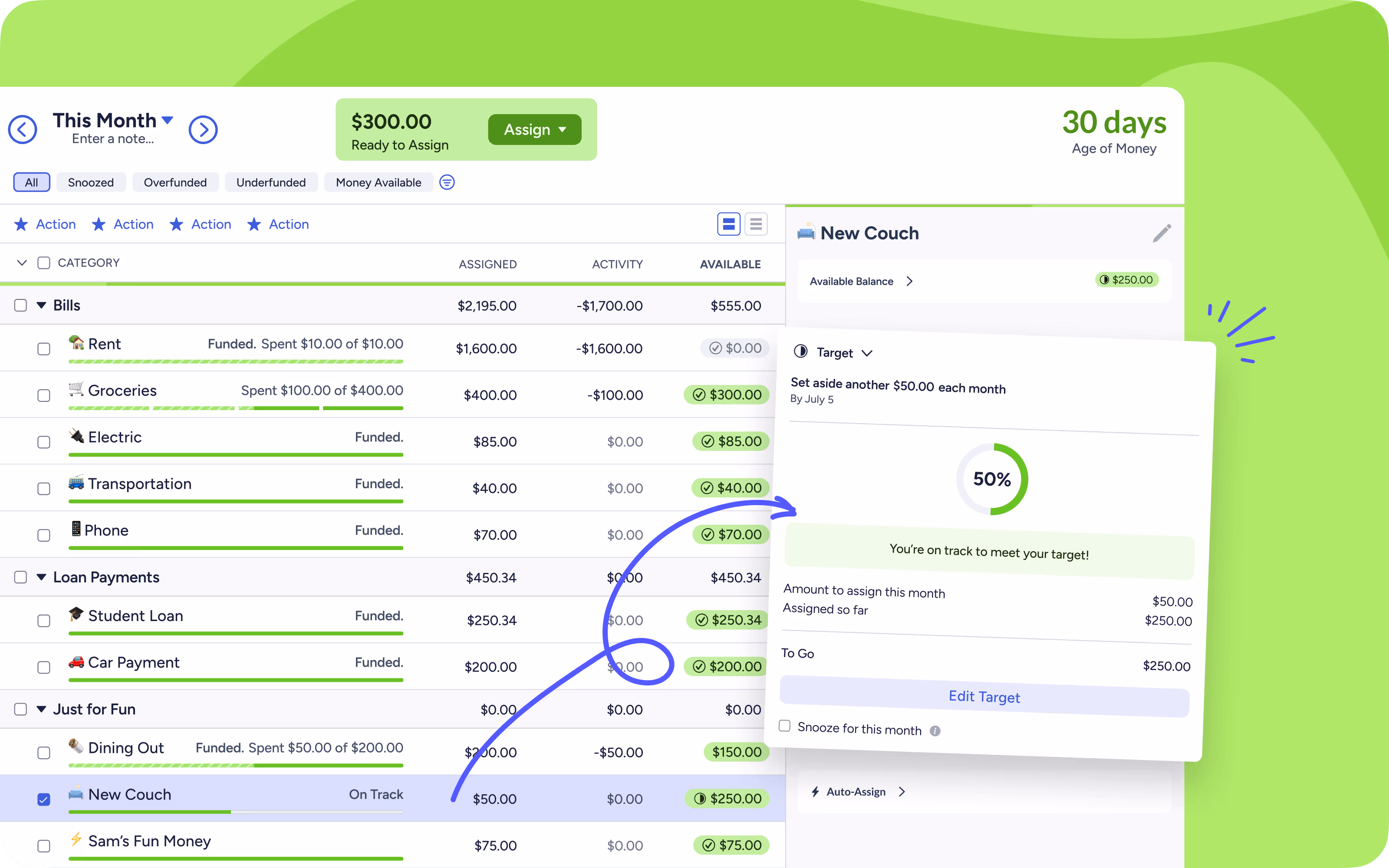 A highlight of the target details panel in the YNAB web app